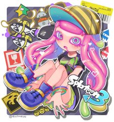 Rule 34 | 1girl, barcode, baseball cap, black shirt, blonde hair, blue eyes, bracelet, brain, clownfish, colored eyelashes, colored skin, copyright name, drooling, eyelashes, fish, full body, gradient hair, gradient skin, graffiti, green skirt, harmony&#039;s clownfish (splatoon), harmony (splatoon), hat, heart, highres, inkling (language), jewelry, light green hair, light particles, long hair, looking at viewer, miniskirt, multicolored clothes, multicolored eyes, multicolored hair, multicolored hat, multicolored skin, nintendo, no eyebrows, no nose, octopus, open mouth, outline, oversized clothes, oversized shirt, pink hair, pink pupils, pink skin, pleated skirt, purple eyes, purple footwear, saliva, shina shina, shirt, shoes, short sleeves, skirt, solo, splatoon (series), splatoon 3, striped clothes, striped headwear, t-shirt, tentacle hair, tropical fish, twitter username, two-tone skin, very long hair, white outline