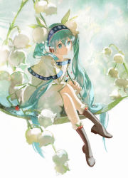 Rule 34 | 1girl, ainu clothes, aqua eyes, aqua hair, berry, blue hairband, boots, capelet, commentary, dress, expressionless, floral background, flower, fur-trimmed boots, fur trim, gold trim, hair flower, hair ornament, hairband, hand on own chin, hatsune miku, head rest, highres, holding, koropokkuru, leaf, lily of the valley, rowan, sitting, snowflake print, solo, twintails, twitter username, vocaloid, white capelet, white dress, white flower, wnmuwnmu, yuki miku, yuki miku (2015)