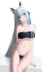 Rule 34 | 1girl, animal ear request, artist self-insert, bare arms, bare shoulders, blue eyes, blue ribbon, breasts, cleavage, commentary, covered navel, gris swimsuit, hair ribbon, heterochromia, highres, large breasts, long hair, looking at viewer, meme attire, one-piece swimsuit, original, parted lips, red eyes, ribbon, silver hair, simple background, sitting, solo, strapless, strapless one-piece swimsuit, swimsuit, thighs, twitter username, very long hair, virtual youtuber, white background, yui lumina, yui lumina (artist)