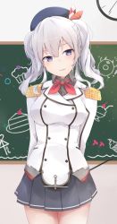 Rule 34 | 1girl, arms behind back, beret, blue eyes, blush, breasts, buttons, chalkboard, classroom, clock, commentary, cowboy shot, epaulettes, gloves, grey skirt, hat, head tilt, highres, holding, jacket, jenson tw, kantai collection, kashima (kancolle), large breasts, long hair, long sleeves, looking at viewer, military, military jacket, military uniform, miniskirt, neckerchief, parted lips, pleated skirt, red neckerchief, sidelocks, silver hair, skirt, smile, solo, tsurime, twintails, uniform, wavy hair, white gloves, white jacket