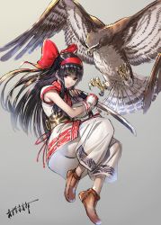 Rule 34 | 1girl, ainu clothes, azuma kyoutarou (artist), bird, black hair, hair ribbon, highres, long hair, mamahaha, nakoruru, ribbon, samurai spirits, sword, talons, weapon, wings