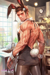 Rule 34 | 1boy, animal ears, apron, ass, bara, bare back, black leotard, black pantyhose, blush, cafeteria, character request, check copyright, copyright request, crossdressing, facial hair, fake animal ears, feet out of frame, flower, goatee stubble, hair flower, hair ornament, highres, kitchen, latex, latex legwear, leotard, long sideburns, looking back, male focus, male playboy bunny, mature male, muscular, muscular male, official art, pantyhose, pectorals, rabbit ears, rabbit tail, short hair, sideburns, sideburns stubble, sidepec, solo, standing, stubble, tail, tekken, thighs, turning head, waist apron, white flower, wrist cuffs, yi lee