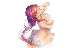 Rule 34 | 1girl, absurdres, arm under breasts, ass, back, breast hold, breasts, cleavage, collarbone, covered erect nipples, hair over shoulder, hand in own hair, highres, long hair, looking at viewer, nude, red eyes, red hair, sitting, smile, solo, toranoana, towel, very long hair, water, wet, white background