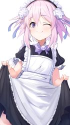 Rule 34 | absurdres, alternate costume, apron, bimmy, breasts, collar, dress, highres, maid, mega miracle force, neptune (neptunia), neptune (series), open mouth, purple eyes, purple hair, ribbon, short hair, skirt, small breasts, smile, thighs, uniform, vvvtune