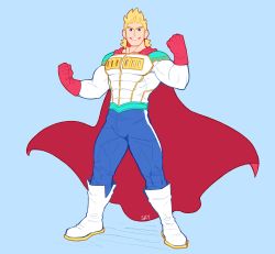 Rule 34 | 1boy, absurdres, bara, biceps, blonde hair, blue eyes, bodysuit, boku no hero academia, bulge, cape, covered abs, feraltintinsimp, full body, highres, large pectorals, legs apart, looking at viewer, male focus, muscular, muscular male, pectorals, red cape, short hair, simple background, smile, solo, spiked hair, thick thighs, thighs, togata mirio, white bodysuit