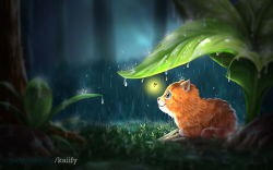 Rule 34 | absurdres, animal, animal focus, artist name, blue eyes, blurry, blurry foreground, bug, cat, closed mouth, commentary, concept art, dark, english commentary, firefly, foliage, forest, glowing, highres, insect, kaiify, leaf, looking at another, nature, night, no humans, original, outdoors, pet, plant, sleeping, smile, tabby cat, tree, water drop