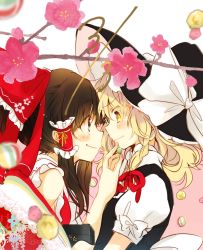 Rule 34 | 2girls, bare shoulders, black hair, black headwear, black vest, blonde hair, bow, box, brown eyes, commentary request, dated, eye contact, flower, frilled bow, frilled shirt collar, frills, from side, hair between eyes, hair bow, hair ribbon, hair tubes, hakurei reimu, hand up, hat, hat bow, highres, holding, holding box, holding foot, kirisame marisa, long hair, looking at another, multiple girls, pink background, pink flower, poprication, profile, puffy short sleeves, puffy sleeves, red bow, red ribbon, ribbon, shirt, short sleeves, sidelocks, smile, touhou, two-tone background, upper body, vest, white background, white bow, white shirt, witch hat, yellow eyes, yuri