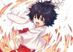 Rule 34 | 10s, 1girl, arm up, bad id, bad pixiv id, black hair, blush, commentary request, fingernails, fire, garandou sara, gohei, hair between eyes, hakama, hakama skirt, holding, island (game), japanese clothes, long sleeves, miko, open mouth, red eyes, red hakama, round teeth, shide, short hair, skirt, solo, teeth, tsukiman, upper teeth only, white background, wide sleeves