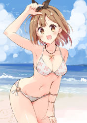 Rule 34 | 1girl, :d, armpits, atelier (series), atelier ryza, atelier ryza 1, bad id, bad pixiv id, beach, bikini, black hairband, blue sky, breasts, brown eyes, brown hair, cloud, commentary request, day, hair ornament, hairband, hairclip, halterneck, hand up, highres, jewelry, looking at viewer, medium breasts, minidraco, navel, necklace, o-ring, o-ring bottom, ocean, open mouth, outdoors, reisalin stout, sand, short hair, sky, smile, solo, star (symbol), star necklace, string bikini, swimsuit, water, white bikini