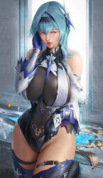 Rule 34 | 1girl, aqua hair, artist name, bare shoulders, between breasts, blue gloves, blue necktie, breasts, commentary request, eula (genshin impact), genshin impact, gloves, groin, hair between eyes, hair ornament, high collar, highres, huge breasts, medium hair, mixed-language commentary, moi&#039;dukdum, necktie, paid reward available, patreon username, skin tight, solo, thai commentary, thick thighs, thighs