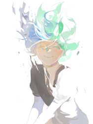 Rule 34 | 1other, androgynous, aqua hair, black necktie, blue hair, blush, chinese commentary, closed mouth, collared shirt, colored eyelashes, commentary request, cracked skin, crystal hair, dissolving, dissolving clothes, facing viewer, floating hair, gem uniform (houseki no kuni), green hair, grey hair, hair floating upwards, happy, highres, houseki no kuni, mismatched eyelashes, multicolored hair, necktie, other focus, phosphophyllite, puffy short sleeves, puffy sleeves, shirt, short hair, short sleeves, simple background, smile, solo, sparkle, spoilers, torn clothes, upper body, v arms, white background, white shirt, xiaoxiaoguguzi