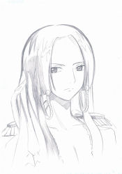 Rule 34 | 1girl, boa hancock, breasts, cleavage, earrings, female focus, jacket, jewelry, long hair, looking at viewer, monochrome, one piece, sketch, solo