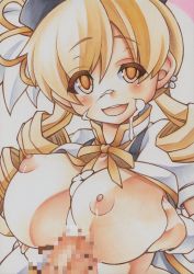 Rule 34 | 10s, 1girl, blonde hair, breasts squeezed together, breasts, breasts out, censored, cum, cum on body, cum on breasts, cum on upper body, drill hair, facial, hat, huge breasts, long hair, long twintails, looking at viewer, mahou shoujo madoka magica, marker (medium), nipples, no bra, open mouth, paizuri, penis, puffy nipples, shirt, tomoe mami, traditional media, twintails, yellow eyes, yutakasan-love