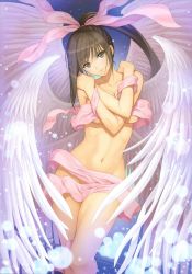 Rule 34 | 1girl, absurdres, angel, angel wings, breasts, cleavage, collarbone, completely nude, covering privates, covering breasts, highres, navel, no bra, no panties, nude, off shoulder, official art, ponytail, ribbon, sega, shining (series), shining ark, thighs, tony taka, topless, underboob, viola (shining ark), wings