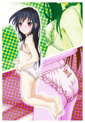 Rule 34 | 1girl, accel world, antenna hair, ass, back-print panties, barefoot, black hair, blush, breasts, closed mouth, clothes writing, commentary request, crotch seam, frilled panties, frills, from side, frown, invisible floor, kneeling, kuroyukihime, legs, long hair, looking at viewer, looking back, marutaya, panties, pig print, print panties, red eyes, small breasts, solo, string bra, string panties, underwear, underwear only, zoom layer
