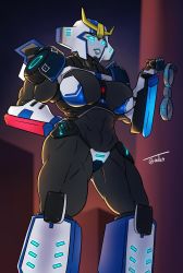 Rule 34 | 1girl, breasts, female focus, highres, large breasts, muscular, muscular female, robot girl, smile, solo, strongarm (transformers)