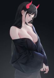 Rule 34 | 1girl, absurdres, bbul horn, black background, black eyes, black hair, black kimono, breasts, cleavage, demon horns, earrings, hair behind ear, highres, horns, japanese clothes, jewelry, kimono, large breasts, long hair, long sleeves, looking away, no bra, off shoulder, original, parted lips, simple background, solo, yukata