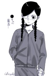 Rule 34 | 1girl, arm at side, bandaged hand, bandages, braid, character name, chiten nisshi, closed mouth, commentary request, cowboy shot, empty eyes, expressionless, eyepatch, greyscale, hair over shoulder, hand in pocket, highres, jimoto saikou, long hair, long sleeves, looking at viewer, low twin braids, maru-chan (jimoto saikou), medical eyepatch, monochrome, one eye covered, signature, simple background, solo, standing, swept bangs, track suit, twin braids, wide-eyed