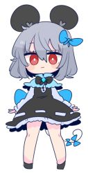 Rule 34 | 1girl, animal ears, basket, black footwear, blue bow, bow, capelet, dress, grey dress, grey hair, grey skirt, grey vest, highres, jewelry, layered clothes, long sleeves, mouse (animal), mouse ears, mouse girl, mouse tail, nazrin, op na yarou, pendant, red eyes, shirt, shoes, short hair, skirt, skirt set, socks, tail, touhou, vest, white shirt, white socks