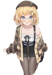 Rule 34 | 1girl, beret, blonde hair, blue eyes, blush, breasts, cleavage, collarbone, earrings, female focus, frills, full body, glasses, hat, heart, heart earrings, high heels, hololive, hololive english, jacket, jewelry, medium breasts, official alternate costume, open mouth, pantyhose, plaid, plaid jacket, round eyewear, shirt, short hair, simple background, skirt, solo, suspender skirt, suspenders, syhan, teeth, upper teeth only, virtual youtuber, watson amelia, watson amelia (street casual), white background, white shirt, zipper, zipper pull tab