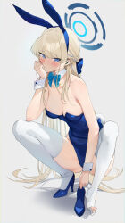 Rule 34 | 1girl, animal ears, bare shoulders, blonde hair, blue archive, blue bow, blue eyes, blue hairband, blue leotard, blush, bow, bowtie, braid, breasts, cleavage, closed mouth, detached collar, elbow rest, fake animal ears, full body, hairband, head rest, highleg, highleg leotard, highres, leotard, long hair, medium breasts, mhk (mechamania), official alternate costume, official alternate hairstyle, playboy bunny, rabbit ears, raised eyebrows, shoes, single shoe, solo, squatting, thighhighs, thighs, toki (blue archive), toki (bunny) (blue archive), torn clothes, torn thighhighs, very long hair, wrist cuffs