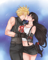 Rule 34 | 1boy, 1girl, armor, bare shoulders, belt buckle, black hair, black skirt, black sleeves, blonde hair, box, box of chocolates, breasts, buckle, closed eyes, cloud strife, collarbone, commentary, couple, cowboy shot, crop top, crylin6, detached sleeves, earrings, elbow pads, english commentary, final fantasy, final fantasy vii, fingerless gloves, gloves, hand on another&#039;s hip, heart, heart-shaped box, hetero, highres, holding, holding another&#039;s arm, holding heart, jewelry, kiss, large breasts, light blush, long hair, low-tied long hair, midriff, miniskirt, navel, red gloves, shooting star, shoulder armor, single earring, single elbow pad, skirt, sky, sleeveless, sleeveless turtleneck, spiked hair, star (sky), starry sky, suspender skirt, suspenders, sweater, tank top, teardrop earrings, tifa lockhart, turtleneck, turtleneck sweater, valentine, white tank top