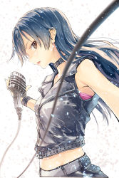 Rule 34 | 1girl, belt, blue hair, blurry, brown eyes, cable, choker, depth of field, highres, idolmaster, idolmaster (classic), kisaragi chihaya, long hair, looking at viewer, microphone, parted lips, sleeveless, solo, white background, wristband, yae (mono110)