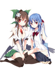 Rule 34 | 2girls, black legwear, blue hair, bow, bowtie, breasts, brown hair, cleavage, closed mouth, collared shirt, flower, green bow, green skirt, hair bow, hair flower, hair ornament, hand up, hinanawi tenshi, large breasts, long hair, looking at viewer, miniskirt, multiple girls, panties, red eyes, red neckwear, reiuji utsuho, revision, shirt, simple background, sitting, skirt, skirt around one leg, smile, t-shirt, tetsurou (fe+), thighhighs, third eye, tongue, tongue out, touhou, underwear, white background, white flower, white panties, wing collar