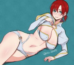Rule 34 | 1girl, aqua eyes, blue background, blush, boudica (fate), breasts, cleavage, fate/grand order, fate (series), highres, large breasts, looking at viewer, lying, navel, on side, panties, ponytail, red hair, reveal, simple background, smile, solo, underwear, utu (ldnsft), white panties