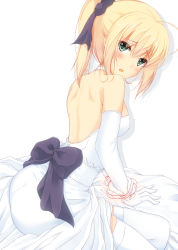 Rule 34 | 1girl, ahoge, artoria pendragon (all), artoria pendragon (fate), backless dress, backless outfit, bare shoulders, blonde hair, blush, bound, dress, fate/stay night, fate (series), green eyes, highres, official alternate costume, ponytail, saber (fate), solo, tied up, white dress, yuu (oosakazaijyuu)