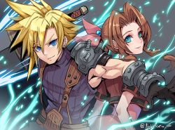 Rule 34 | 1boy, 1girl, aerith gainsborough, arched back, armor, back-to-back, belt, black gloves, blonde hair, blue eyes, blue shirt, braid, braided ponytail, brown belt, brown hair, buster sword, cloud strife, cropped jacket, dress, earrings, fighting stance, final fantasy, final fantasy vii, fujimaru (green sparrow), gloves, green eyes, grey background, hair between eyes, hair ribbon, holding, holding sword, holding weapon, jacket, jewelry, lifestream, long hair, looking at viewer, looking back, materia, parted bangs, pink dress, pink ribbon, red jacket, ribbon, shirt, short hair, short sleeves, shoulder armor, sidelocks, single earring, sleeveless, sleeveless shirt, smile, spiked hair, square enix, suspenders, sword, toned, toned male, twitter username, upper body, wavy hair, weapon