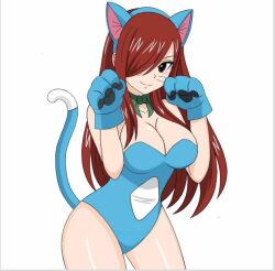 Rule 34 | 1girl, animal ears, animal hands, breasts, cat ears, cat girl, cat tail, cosplay, erza scarlet, fairy tail, gloves, hair over one eye, hfxpins, leotard, non-web source, paw gloves, red hair, simple background, smile, solo, tail, white background