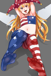 Rule 34 | 1girl, absurdres, adapted costume, american flag legwear, arms up, ayakumo, bandeau, blonde hair, clownpiece, fang, feet, flat chest, hat, highres, jester cap, long hair, looking at viewer, midriff, navel, no shoes, open mouth, pantyhose, red eyes, simple background, soles, solo, strapless, striped clothes, striped pantyhose, toes, touhou, tube top, very long hair