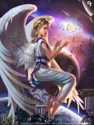 Rule 34 | 1girl, angel, angel wings, anklet, armlet, barefoot, blonde hair, bracelet, braid, dress, feet, hair ribbon, highres, jewelry, legend of the cryptids, liang xing, pillar, planet, ribbon, sitting, sitting on object, soles, space, toe ring, white dress, wings