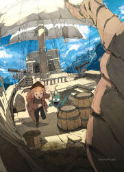 Rule 34 | 1girl, artist name, barrel, cannon, cloud, commentary, curly hair, demizu posuka, fantasy, fisheye, fleeing, happy, hat, hat feather, highres, long hair, monster, ocean, open mouth, orange hair, original, outdoors, rope, runing, sailing ship, ship, sketch, sky, smile, water, watercraft