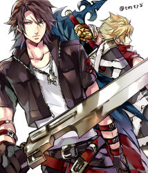 Rule 34 | 2boys, arm strap, bandages, belt, black gloves, black jacket, black pants, blonde hair, blue eyes, brown hair, buster sword, chain, chain necklace, clawed gauntlets, cloak, cloud strife, cowboy shot, cropped jacket, demon wings, final fantasy, final fantasy vii, final fantasy viii, gloves, gunblade, holding, holding weapon, jacket, jewelry, kingdom hearts, looking to the side, loose belt, male focus, medium hair, multiple belts, multiple boys, necklace, official alternate costume, pants, parted bangs, red cloak, scar, scar on face, shirt, short hair, short sleeves, single wing, spiked hair, squall leonhart, square enix, tama (tmfy5), twitter username, weapon, weapon on back, white background, white shirt, wings