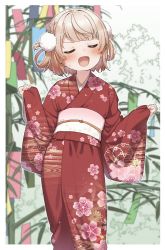 Rule 34 | 1girl, :d, blurry, blurry background, blush, braid, closed eyes, commission, depth of field, facing viewer, floral print, indie virtual youtuber, japanese clothes, kimono, light brown hair, long sleeves, obi, open mouth, pinching sleeves, print kimono, red kimono, sash, shigure ui (vtuber), skeb commission, sleeves past wrists, smile, solo, sweat, tanabata, tanzaku, virtual youtuber, wide sleeves, yukie (kusaka shi)