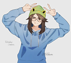 Rule 34 | 1girl, animification, artist name, beanie, blue sweater, blush, brown eyes, brown hair, dated, double v, green hat, grey background, hat, highres, hood, hood down, killjoy (valorant), leaning to the side, licking lips, long hair, looking at viewer, nanana (syoki0916), one eye closed, solo, sweater, tongue, tongue out, upper body, v, valorant