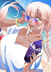 Rule 34 | 1girl, beach, black nails, bracelet, braid, breasts, choker, cleavage, commentary, cup, dark-skinned female, dark skin, disposable cup, drinking straw, english commentary, floating hair, hair ornament, hairclip, heart, heart-shaped eyewear, holding, holding cup, hololive, hololive english, jewelry, large breasts, long hair, multicolored nails, nail polish, ocean, orange choker, orange eyes, pink hair, purple nails, shirt, since2019, sky, smile, solo, star (symbol), sunglasses, tsukumo sana, twin braids, very long hair, virtual youtuber, water, whipped cream, white shirt