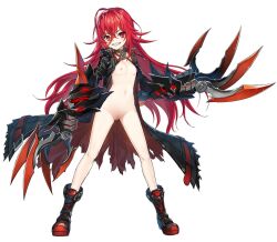 Rule 34 | 1girl, breasts, claws, closers, female focus, full body, functionally nude, grin, long hair, looking at viewer, nipples, nude, red hair, seth (closers), sharp teeth, simple background, small breasts, smile, solo, standing, teeth, third-party edit, weapon