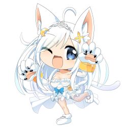 Rule 34 | 1girl, ahoge, animal ear fluff, animal ears, animal hands, blue eyes, blush, breasts, cat ears, cat girl, character request, chibi, cleavage, commentary request, dress, elbow gloves, eyes visible through hair, fangs, frilled dress, frills, full body, gloves, hair between eyes, hop step jumpers, large breasts, lets0020, long hair, looking at viewer, medium bangs, one eye closed, open mouth, paw gloves, paw shoes, simple background, smile, solo, standing, standing on one leg, strapless, strapless dress, transparent background, very long hair, white dress, white footwear, white gloves, white hair