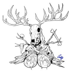 Rule 34 | antlers, bone, breasts, cloth, cum, cum on body, cum on breasts, cum on upper body, hands on breasts, hood, horns, large breasts, leshen, monochrome, monster girl, nipples, skull, smile, sorje (artist), spirit, the witcher (series), the witcher 3: wild hunt, wood