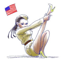 Rule 34 | 1girl, american flag, ass, female focus, full body, hat, high heels, legs, military, military uniform, original, sitting, solo, uniform, united states, white background, world war i, yokkoishoichi