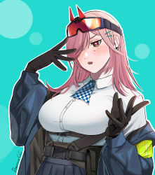 Rule 34 | 1girl, aqua background, artist name, belt, black gloves, blue jacket, blue skirt, blush, breasts, clothes pull, darkpulsegg, earrings, eyewear on head, girls&#039; frontline, gloves, hair ornament, hair over one eye, hairclip, highres, jacket, jacket pull, jewelry, large breasts, long hair, looking at viewer, mole, mole under eye, open mouth, pink hair, police, police uniform, safety glasses, shirt, sig mcx (girls&#039; frontline), simple background, skirt, solo, uniform, upper body, white shirt