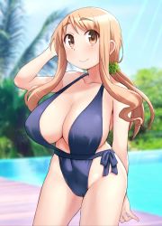 Rule 34 | 1girl, absurdres, blue one-piece swimsuit, blue slingshot swimsuit, blush, breasts, brown eyes, brown hair, closed mouth, collarbone, covered erect nipples, covered navel, female focus, groin, hand on own head, highres, hirame guard, huge breasts, long hair, looking at viewer, matsumoto yoriko, one-piece swimsuit, outdoors, pool, shiny clothes, shiny skin, sky, slingshot swimsuit, smile, solo, standing, swimsuit, yuyushiki