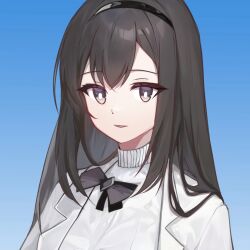 Rule 34 | 1girl, arknights, black bow, black hairband, blue background, bow, brown eyes, brown hair, hairband, jacket, long hair, long wuxian, looking at viewer, open clothes, open jacket, parted lips, priestess (arknights), shirt, simple background, solo, turtleneck, upper body, white jacket, white shirt