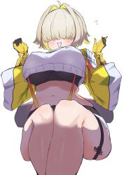 Rule 34 | 1girl, :d, absurdres, ahoge, black gloves, black sports bra, blonde hair, blush, breasts, clothing cutout, crop top, cropped sweater, elegg (nikke), exposed pocket, gloves, goddess of victory: nikke, grey shorts, hair intakes, hair over eyes, highres, invisible chair, large breasts, long bangs, long sleeves, micro shorts, multicolored clothes, multicolored gloves, multicolored hair, navel, open mouth, short hair, shorts, shoulder cutout, sitting, smile, solo, sports bra, suspender shorts, suspenders, thigh strap, thighs, two-tone hair, yashiro3108, yashiro 3108, yellow gloves