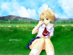 Rule 34 | 00s, 1girl, adjusting hair, after (game), arm support, bird, blonde hair, blue eyes, bow, cloud, day, english text, flower, foreshortening, grass, hair bow, hair intakes, kneehighs, knees together feet apart, leaning, lens flare, looking at viewer, midriff, miniskirt, mountain, navel, neck, official art, on ground, outdoors, parted bangs, plaid, plaid skirt, pleated skirt, ponytail, school uniform, serafuku, shiomiya kanami, shirt, short hair, sidelocks, sitting, skirt, sky, smile, socks, solo, third-party edit, tony taka, tree, white socks, wind, windmill