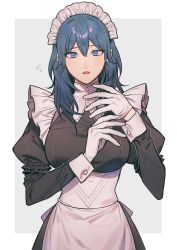Rule 34 | 1girl, apron, blue eyes, blue hair, breasts, byleth (female) (fire emblem), byleth (fire emblem), fire emblem, fire emblem: three houses, gloves, hair between eyes, highres, ikarin, large breasts, looking at viewer, maid, maid apron, maid headdress, medium hair, nervous, nintendo, official alternate costume, open mouth, simple background, solo