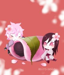 Rule 34 | :/, aged down, alternate eye color, alternate hair color, blush, boruto: naruto next generations, cherry blossoms, eyeliner, father and son, flower, flower on head, food, japanese clothes, kimono, long hair, makeup, mitsuki (naruto), naruto (series), on floor, orochimaru (naruto), pink eyes, red background, siroisekka, sleeves past fingers, sleeves past wrists, slit pupils, smile, spiked hair, time paradox